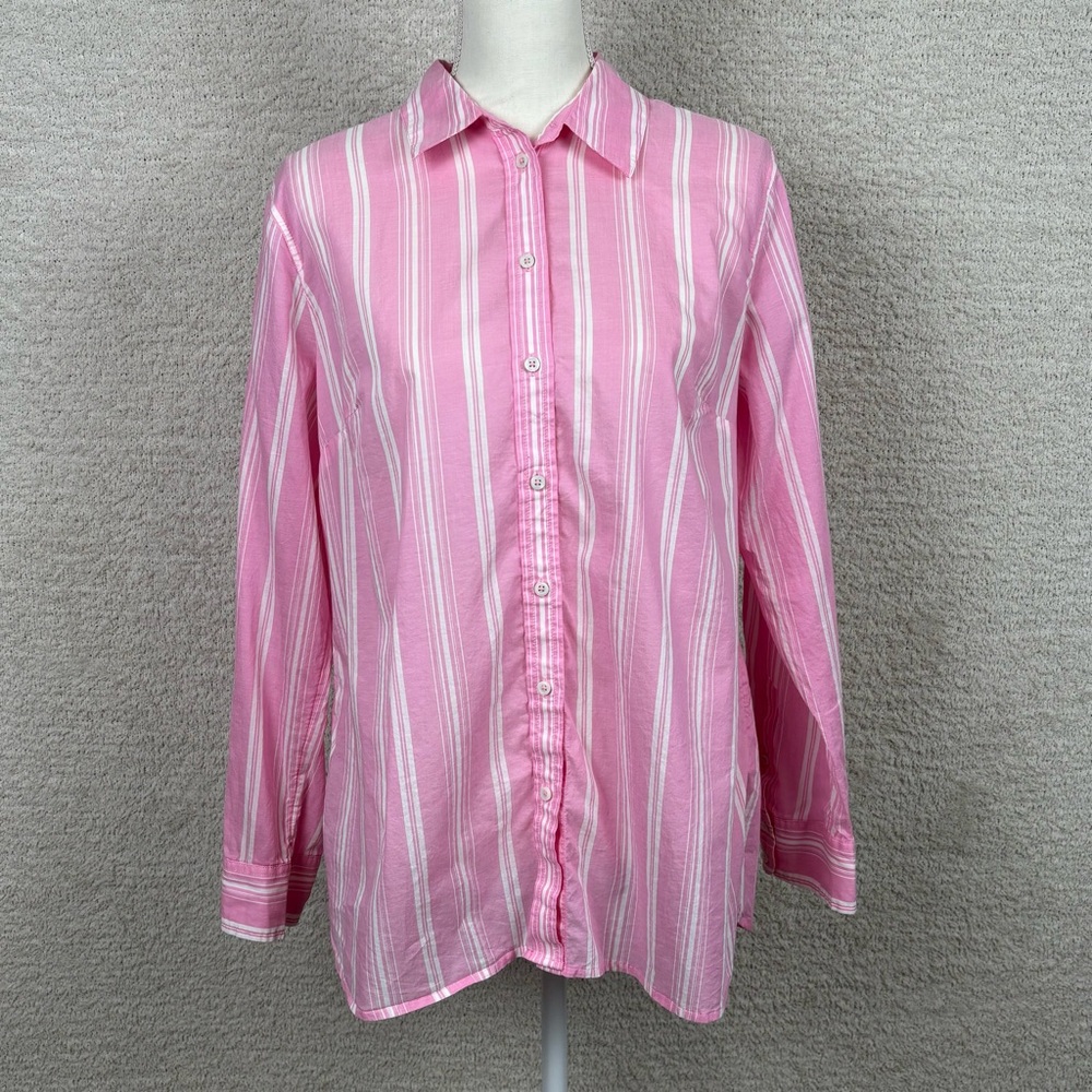 Talbots Top Womens Lg Pink White Striped Cotton Button Down Front Feminine Prep